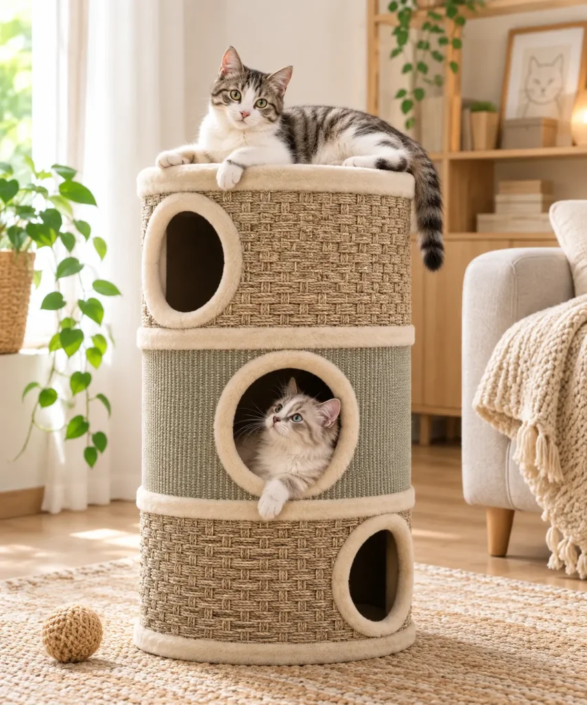 PawHut Barril Rascador de 3 Niveles para gatos
