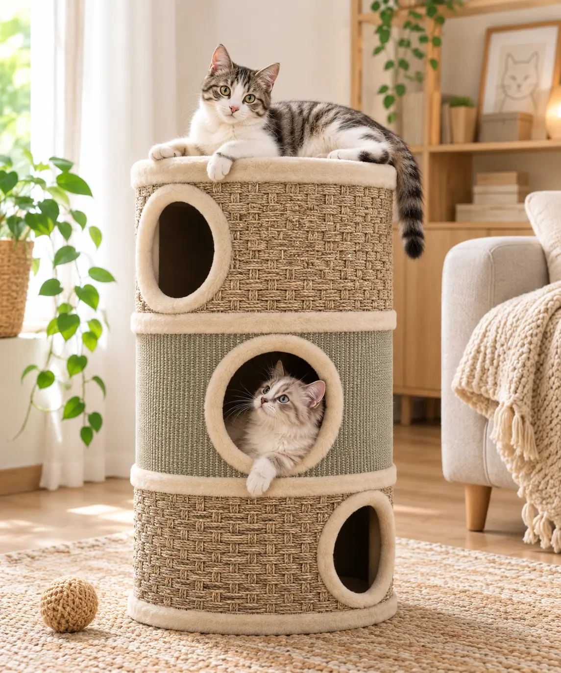 PawHut Barril Rascador de 3 Niveles para gatos